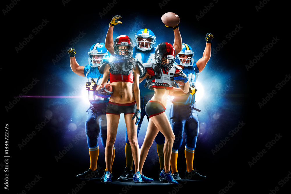 Naklejka premium Professional american football players male and female posing together isolated on the black background