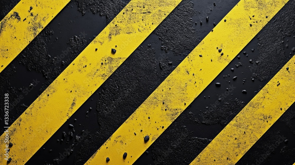 Fototapeta premium Close-up view of a textured black surface with yellow diagonal stripes, showcasing wear and weathering effects