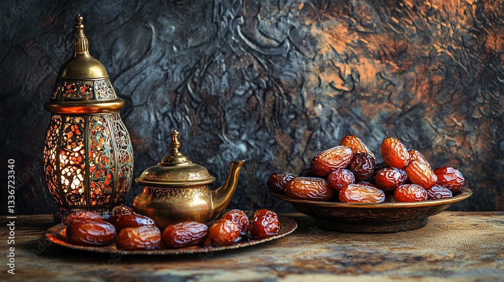 Ramadan dates, lantern, teapot, rustic background, holiday Ramadan dates, lantern, teapot, rustic background, holiday