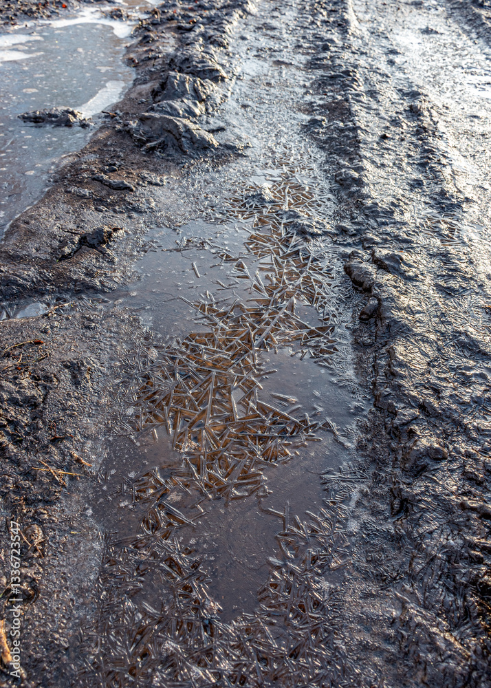 abstract frozen ice texture on muddy swamp road