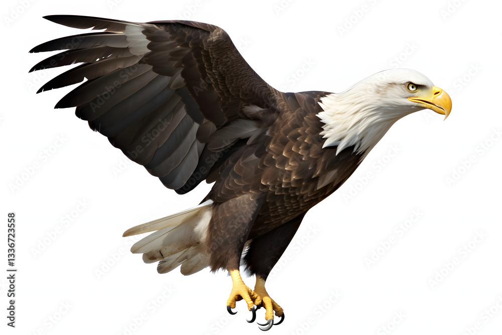 Obraz premium A majestic bald eagle soars through the air with its wings spread wide against a backdrop of snow-capped mountains. 