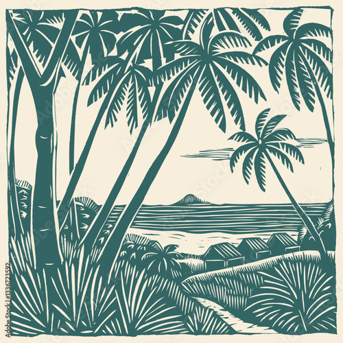 Vector illustration of a tropical beach landscape with palm trees in teal green color. Coastal scene features ocean view, distant islands, and various exotic vegetation in linocut style.