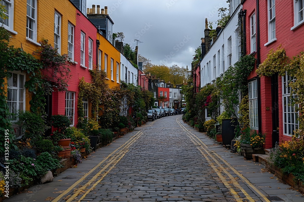 Fototapeta premium Colorful cobblestone street lined with vibrant houses adorned with greenery in a quaint neighborhood