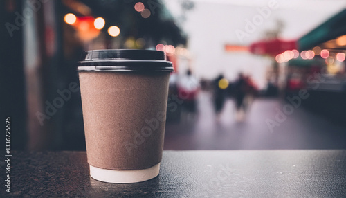 Craft paper coffee or tea cup on table in coffee shop. Coffee cup close up. Time for drink coffee or tea. Coffee to go. Take a break. Disposable paper cup. Mockup. Generated AI