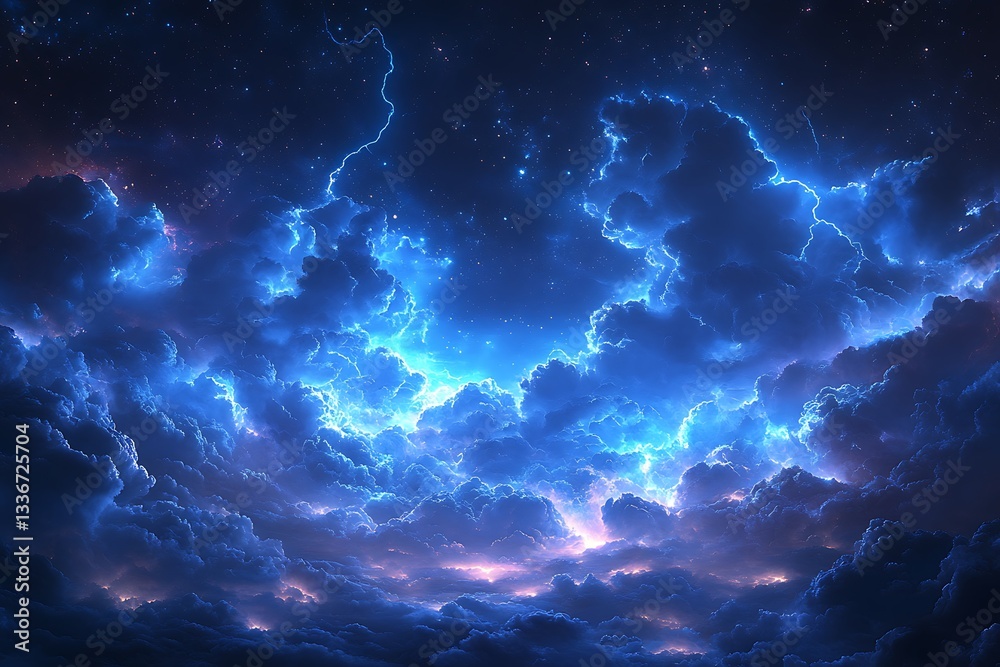 Abstract lightning storm with energy waves and electric patterns in blue night sky Abstract lightning storm with energy waves and electric patterns in blue night sky