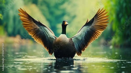 A majestic goose spreads its wings over a serene pond surrounded by lush greenery, showcasing nature's beauty