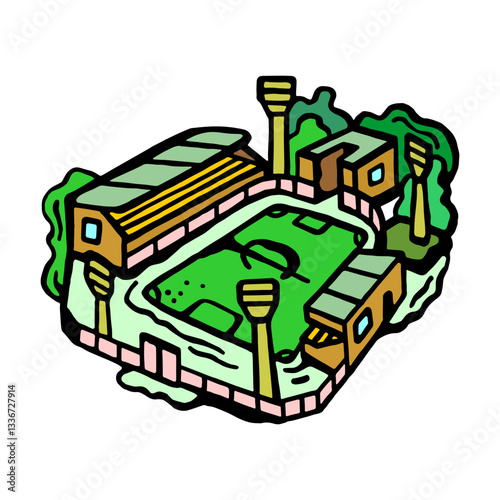 Vector color illustration, in comic style, of a football arena with stands and lighting masts on a white isolated background
