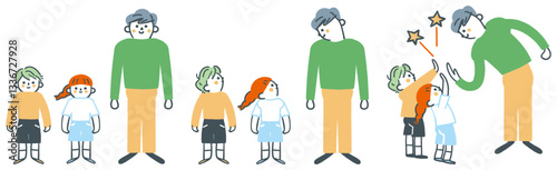 先生とタッチ　男性と二人の子供の距離の縮め方　セットのストックイラスト素材
