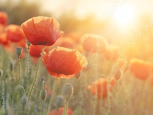 Poppy Field at Sunset with Golden Light and Flower Blooms