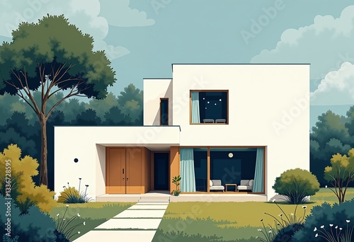 落ち着いたミニマリスト建築：庭のある水彩木版画住宅、晴れた天気、青空、クリーンなライン、洗練されたデザイン、シンプルな大理石の要素。

