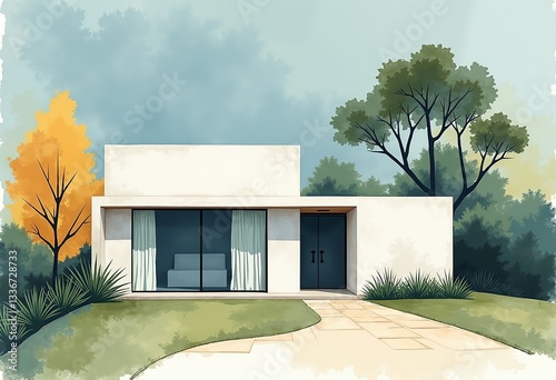 シンプル＆クリーンな住宅デザイン：水彩木版画の美学、晴れた青空、庭の景色、洗練されたディテールと落ち着いた色、大理石を備えたミニマリスト建築。

