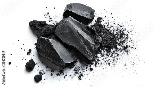 Black charcoal pieces scattered on a white background, showcasing texture and color contrast for artistic use