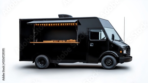 This inviting image showcases a charming black food truck with an open serving counter, perfect for appealing to food lovers and showcasing delicious culinary offerings.