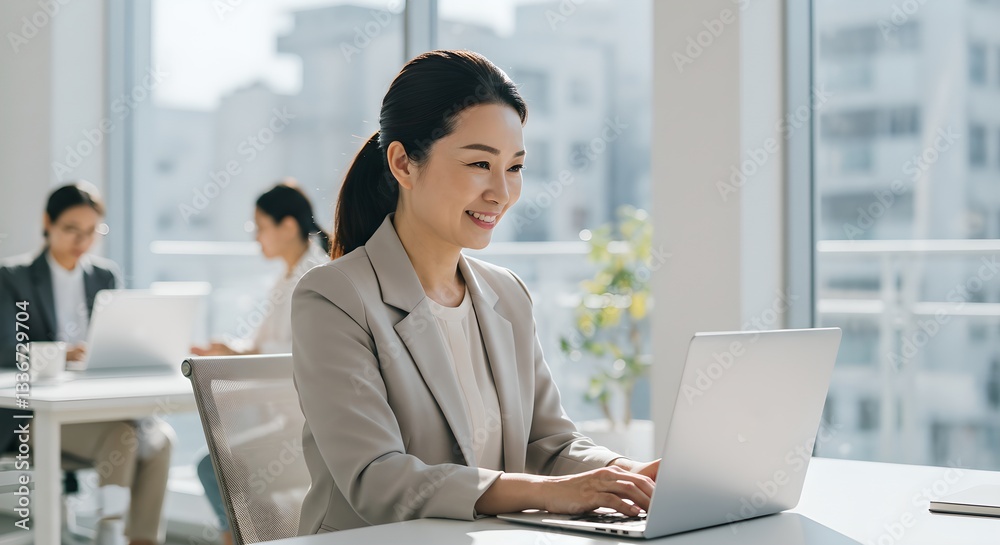 Asian businesswoman working on laptop in modern office. Professional female executive in corporate environment. Teamwork and productivity in workspace concept. Asian businesswoman working on laptop in modern office. Professional female executive in corporate environment. Teamwork and productivity in workspace concept.