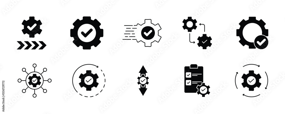 Gear settings thin line icon set. Containing execution, process, system, evaluate, efficiency, business management project, task, implement, operation, optimize, performance. Vector illustration. Gear settings thin line icon set. Containing execution, process, system, evaluate, efficiency, business management project, task, implement, operation, optimize, performance. Vector illustration.