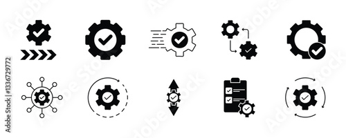 Gear settings thin line icon set. Containing execution, process, system, evaluate, efficiency, business management project, task, implement, operation, optimize, performance. Vector illustration.