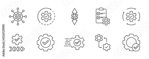 Gear settings thin line icon set. Containing execution, process, system, evaluate, efficiency, business management project, task, implement, operation, optimize, performance. Vector illustration.