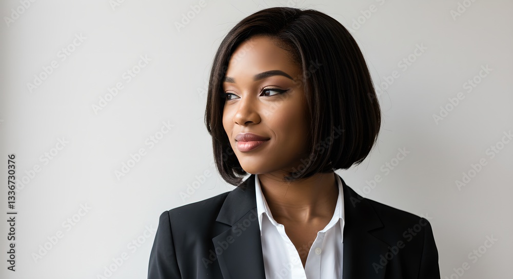 African american businesswoman with bob haircut in black suit. Professional corporate portrait. Confident female executive. Leadership and diversity in workplace concept. African american businesswoman with bob haircut in black suit. Professional corporate portrait. Confident female executive. Leadership and diversity in workplace concept.