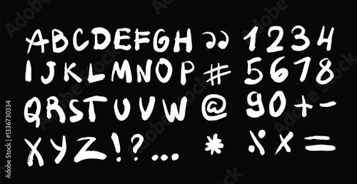 White Handwritten Alphabet & Symbols, Sketch on Black