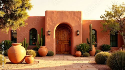 Southwestern adobe-style house with wooden door, large terracotta pots, and cacti in a desert garden under bright sunlight