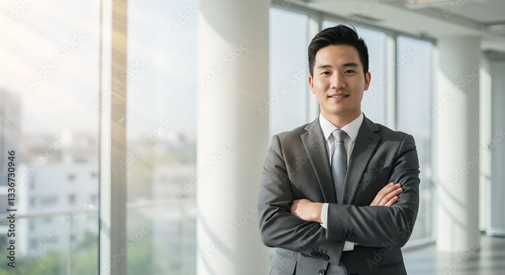 Asian businessman in grey suit standing confidently with arms crossed in modern office. Professional corporate portrait with cityscape view. Leadership and success concept. Asian businessman in grey suit standing confidently with arms crossed in modern office. Professional corporate portrait with cityscape view. Leadership and success concept.