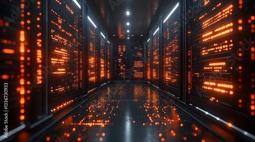 Futuristic server room interior with glowing panels