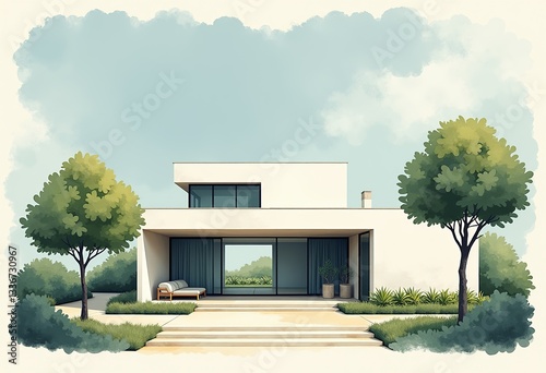 Subdued Minimalist Architecture: Watercolor Woodblock Print House with a Garden, Sunny Weather, Blue Sky, Clean Lines, Refined Design & Simple Marble Elements.

