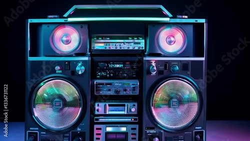 Retro boombox with changing colorful neon lighting effects. The vintage stereo system displays shifting pink, blue, and purple illumination patterns across its speakers control panels in dark setting.