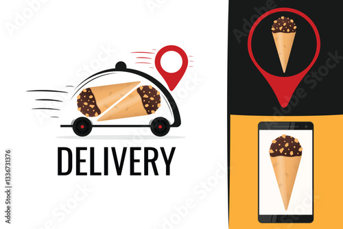 Delivery icecream logo. Sweet treat vehicle symbol. Online order graphic