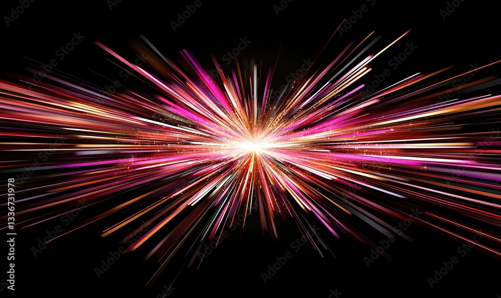 A bright, abstract burst of light and color on a black backdrop, radiating outward from the center point A bright, abstract burst of light and color on a black backdrop, radiating outward from the center point