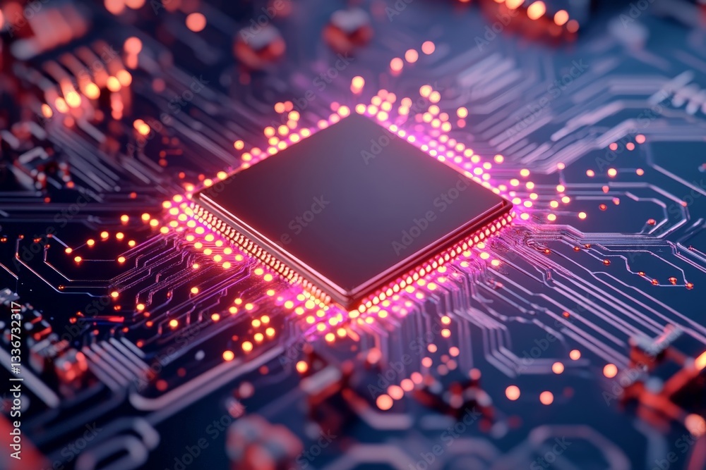 Obraz premium Close-Up View of a High-Tech Microchip with Circuitry and Glowing Lights