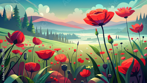 photography of beautiful red poppy blooms in a field field on a misty morning landscape.