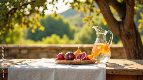 long banner rustic stone terrace with an elegant wooden table covered in a light linen cloth with figs, pomegranates, and a carafe of citrus-infused water sit under the shade of olive tree branches 