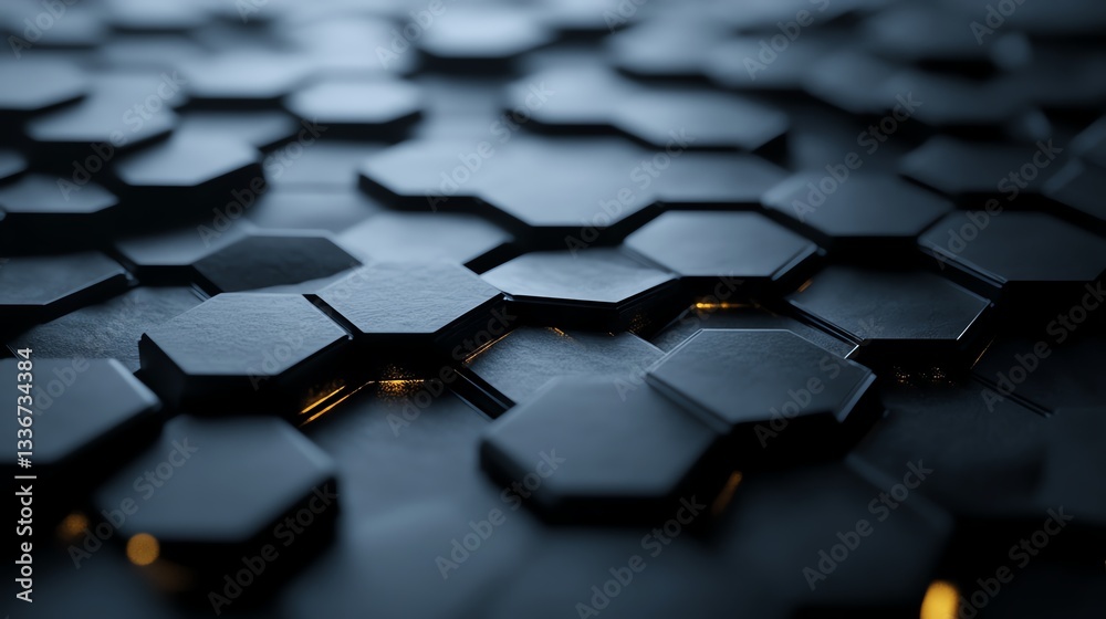 Fototapeta premium Dark geometric hexagonal pattern with a soft gold glow, modern and futuristic