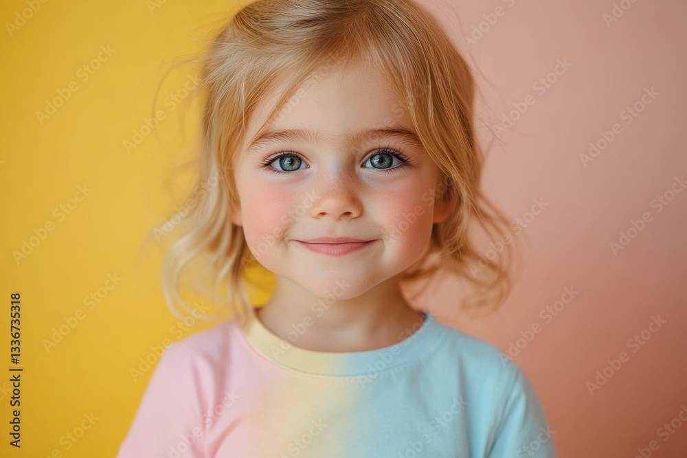 A cheerful girl with blonde hair and blue eyes smiles against a vivid yellow background, her matching shirt enhancing the lively feel. A cheerful girl with blonde hair and blue eyes smiles against a vivid yellow background, her matching shirt enhancing the lively feel.