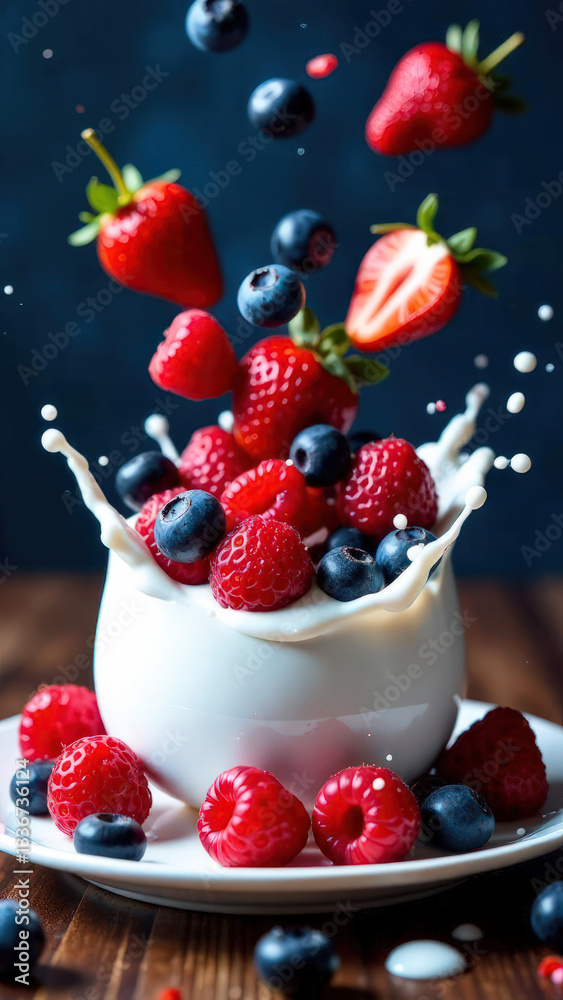 close up of berries falling into white bowl with yogurt, yogurt splashes everywhere close up of berries falling into white bowl with yogurt, yogurt splashes everywhere