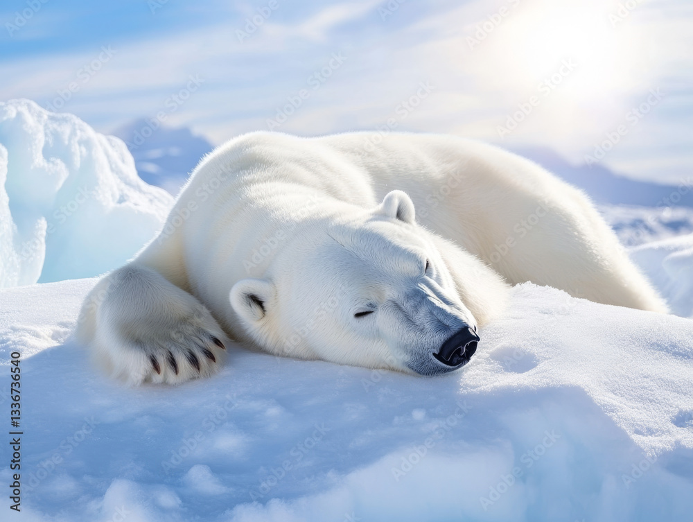 Obraz premium Peaceful polar bear resting on snowy iceberg under bright sunlight.