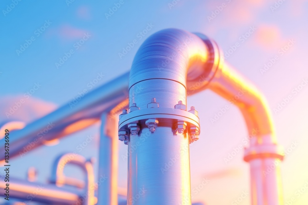 Close-Up of Metal Pipe and Fittings in an Industrial Setting with Blue Sky