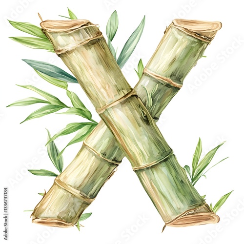 Bamboo Composition: Watercolor illustration of an "X" formed from intersecting bamboo stalks, lush green leaves accentuating the natural design.
