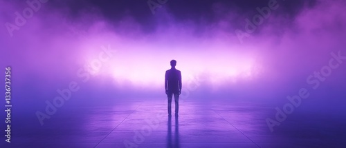 A man stands in a foggy, purple sky