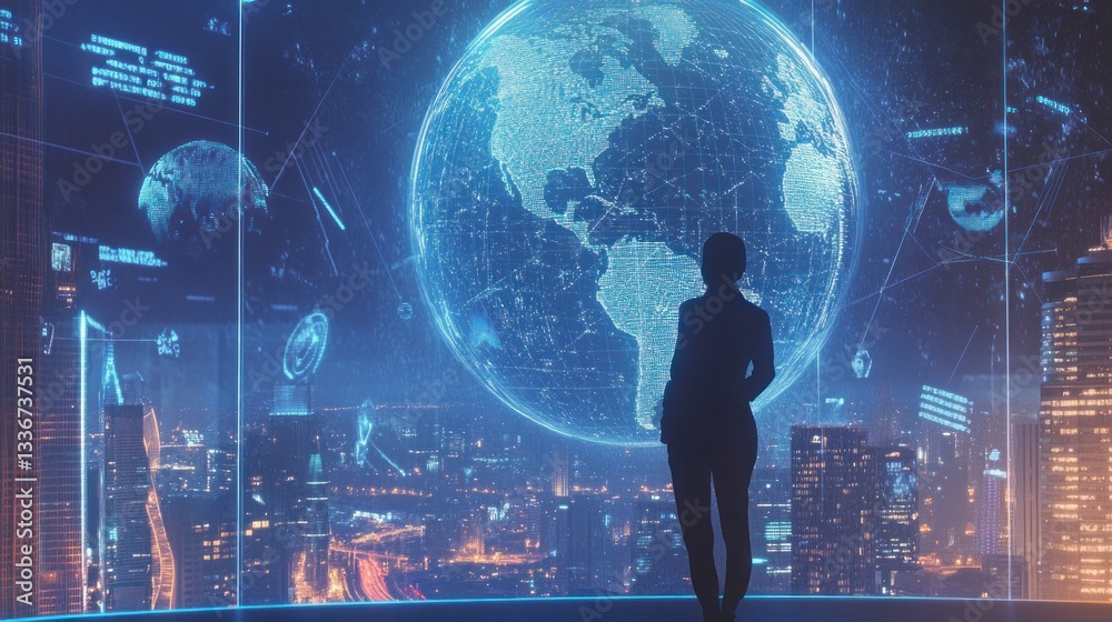 Futuristic Business Vision, Woman Contemplates Global Network in Cityscape