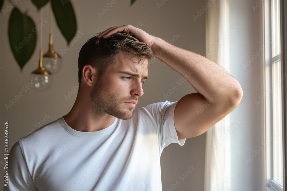Contemplative man looking out window indoors. Contemplative man looking out window indoors.