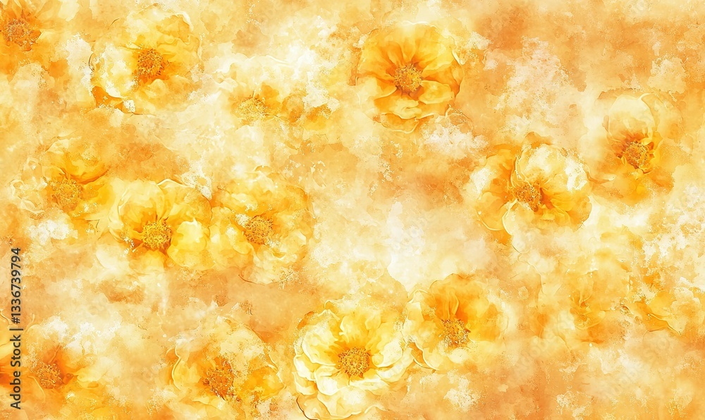 A delicate watercolor painting shows yellow flowers and hints of green leaves set against a warm backdrop A delicate watercolor painting shows yellow flowers and hints of green leaves set against a warm backdrop