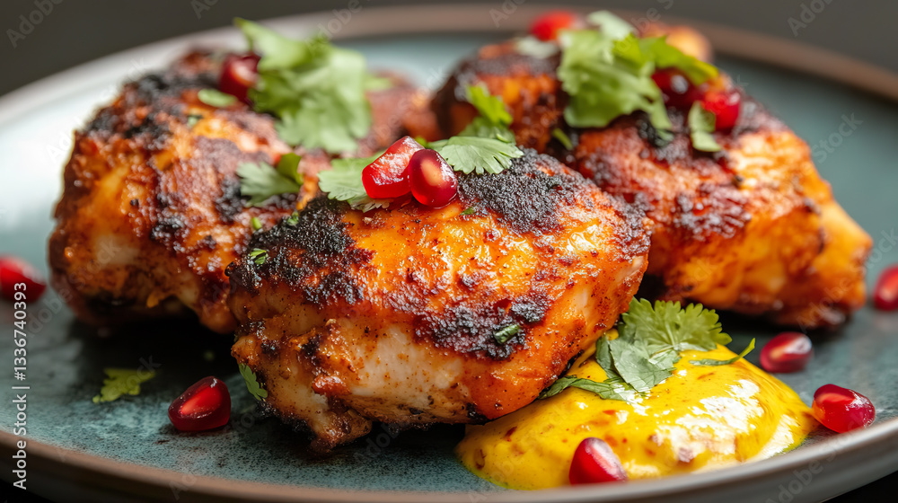 Charred Spicy Grilled Chicken with Pomegranate and Cilantro on Dark Ceramic Plate
