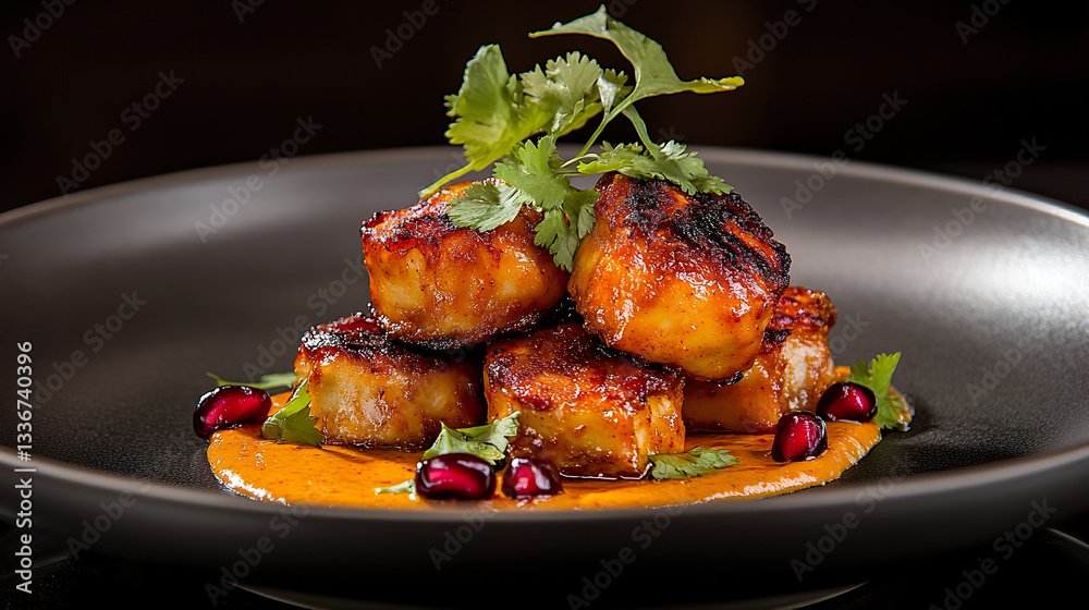 Charred Grilled Scallops with Spicy Orange Sauce and Pomegranate on Black Plate