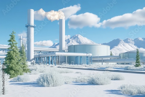 Winter Landscape Featuring Industrial Structures Amidst Snow-Covered Mountains
