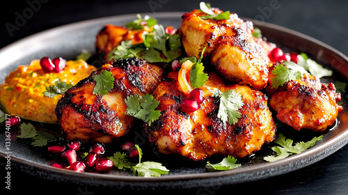 Obraz na płótnie Charred Spicy Grilled Chicken with Fresh Cilantro and Pomegranate on Black Plate w salonie