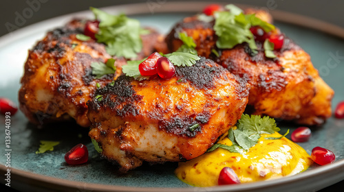 Obraz na płótnie Charred Spicy Grilled Chicken with Pomegranate and Cilantro on Dark Ceramic Plate w salonie
