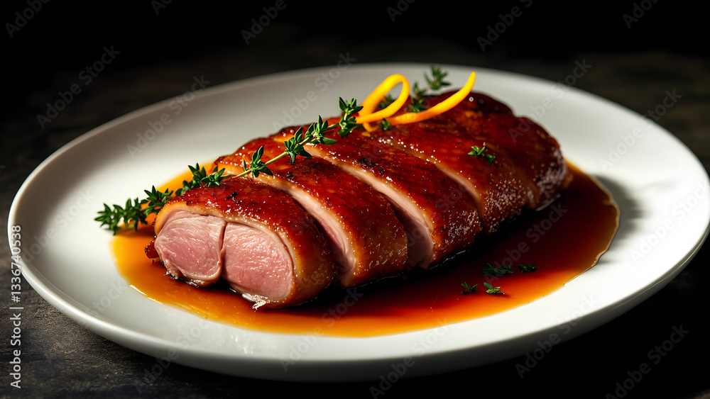 Glazed Roast Duck Slices with Rich Sauce and Fresh Herbs on White Plate