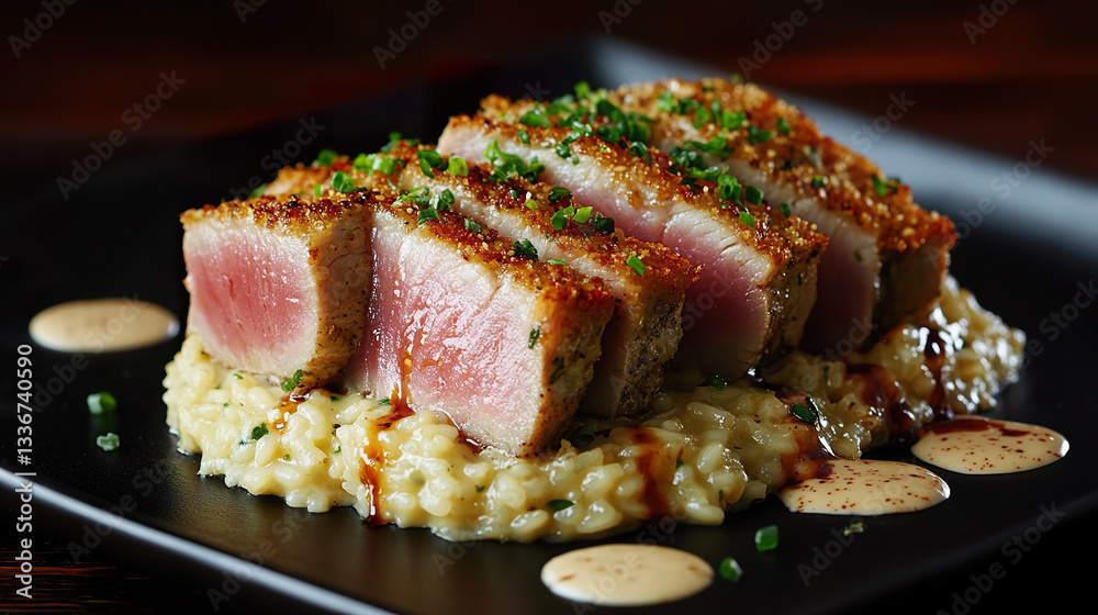 Crispy Seared Tuna on Creamy Risotto with Balsamic Glaze and Herbs